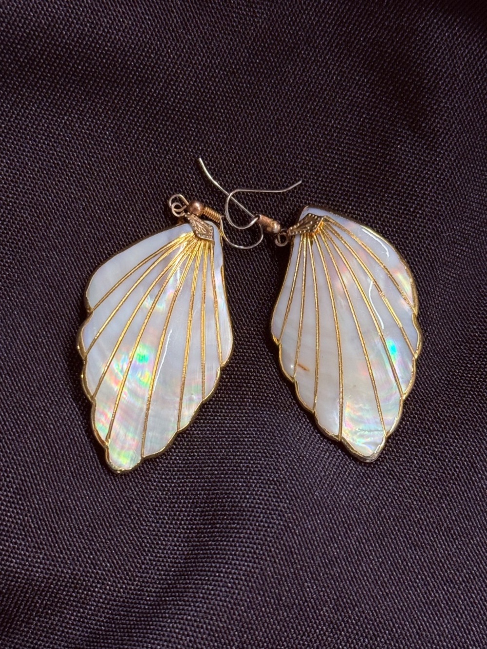 Vintage Genuine Mother of Pearl Shell Ornate Drop Dangle Earrings w Gold Accents